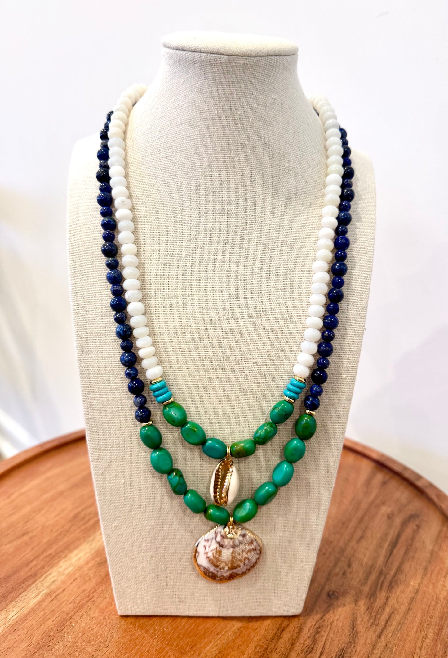 White Opal + Green and Blue Turquoise + Shell Pendant