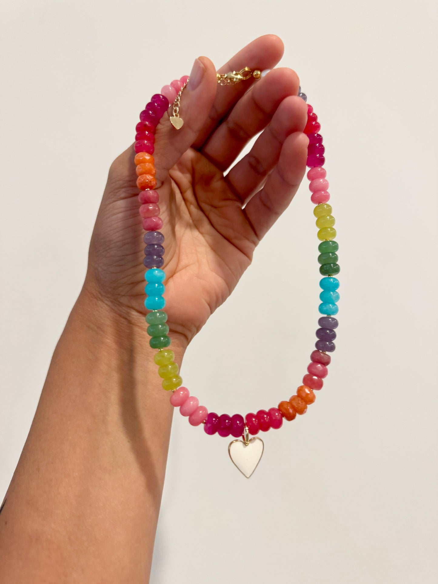 Summer Gemstone Necklace + Tiny White Heart Charm