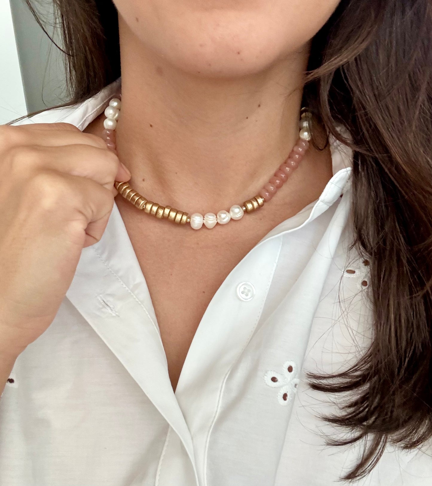Peach Quartz + Fresh Water Pearl Necklace