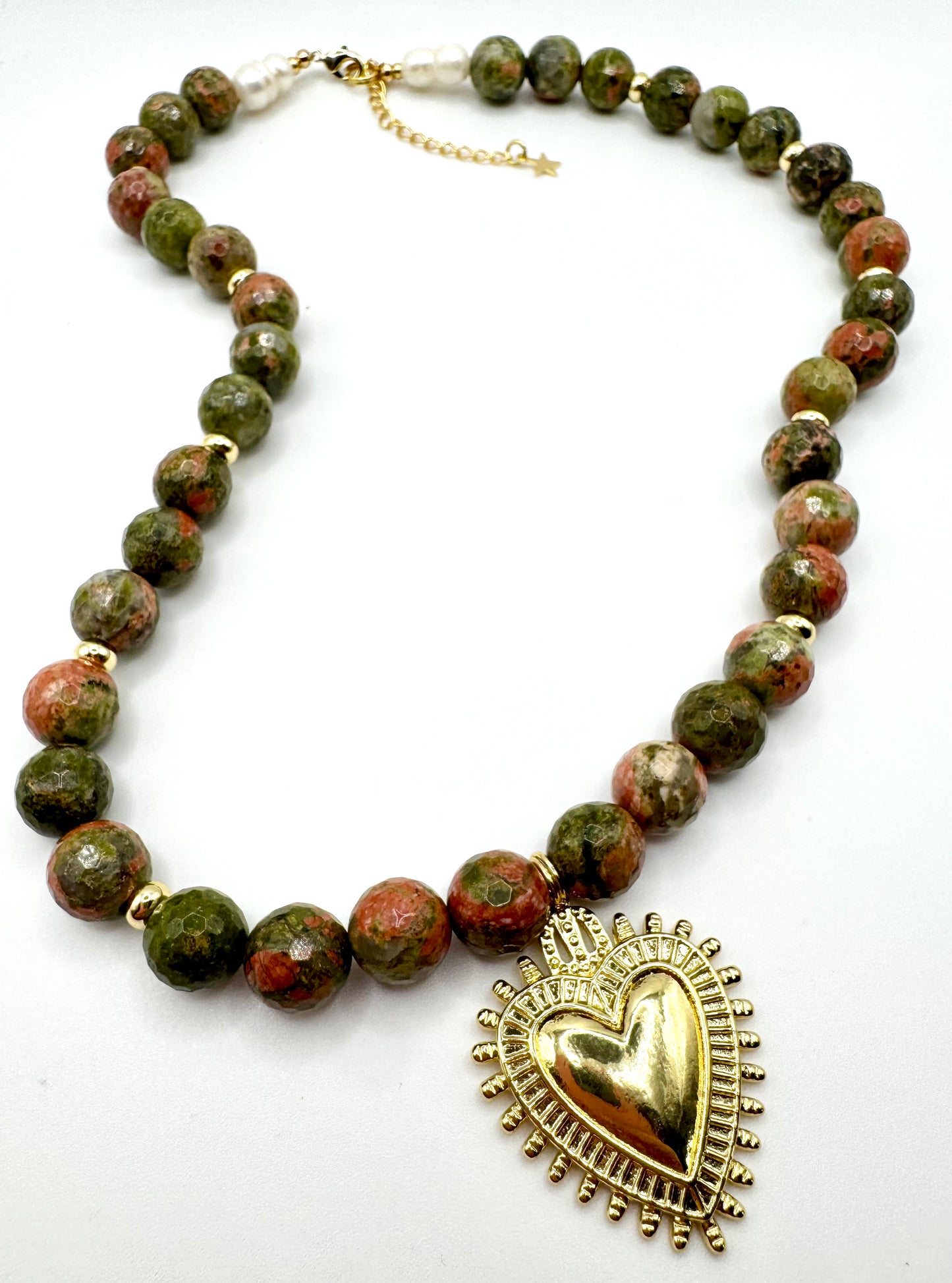 Unakite + Gold Heart Pendant
