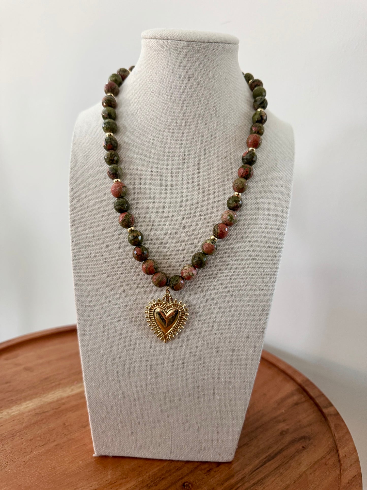 Unakite + Gold Heart Pendant