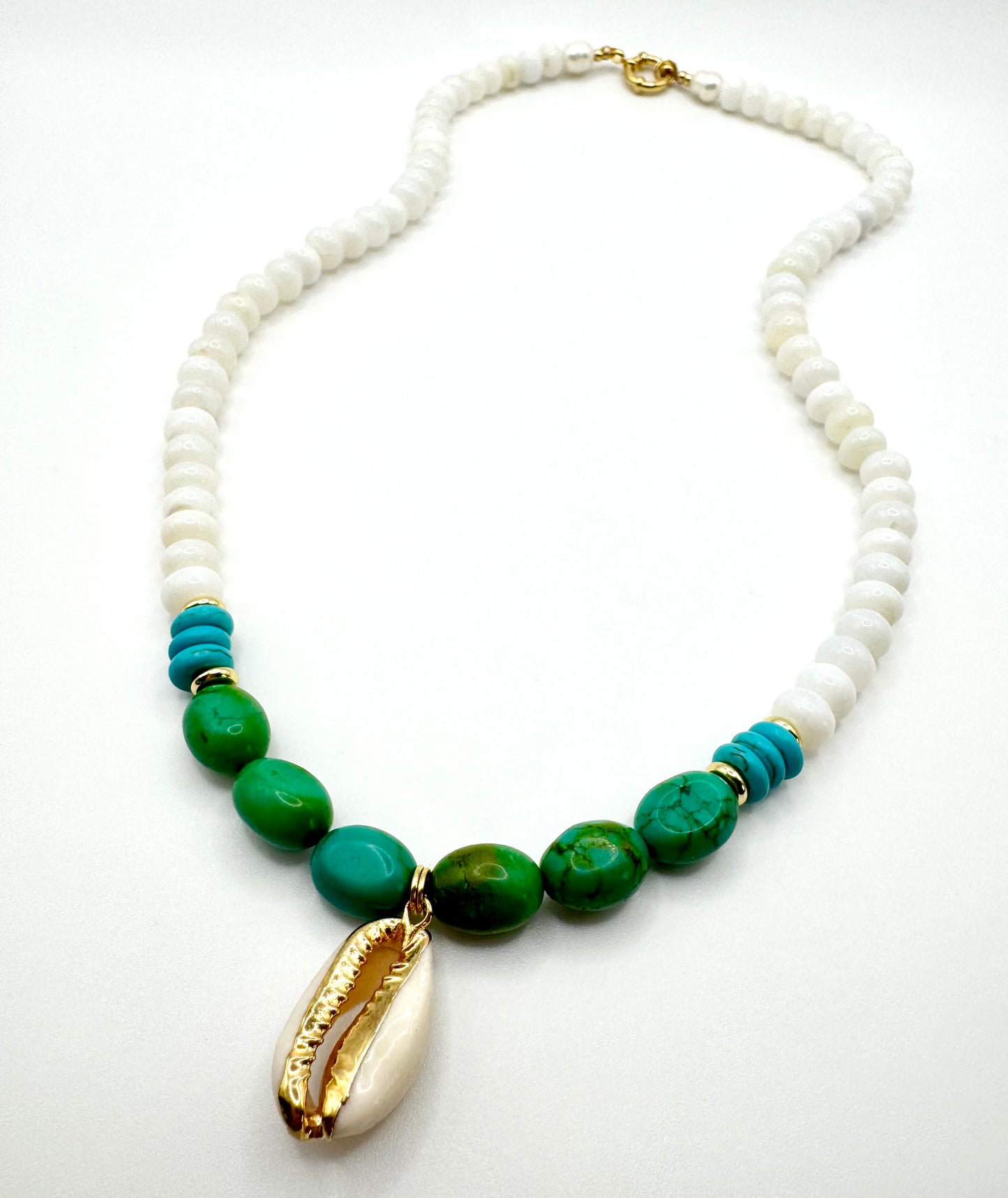 White Opal + Green and Blue Turquoise + Shell Pendant