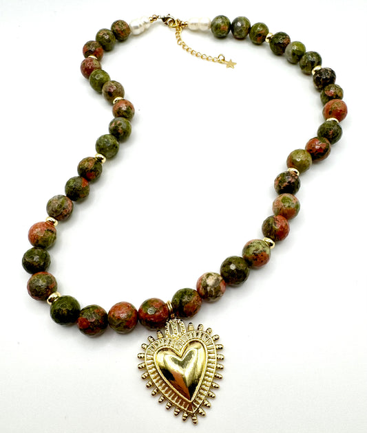 Unakite + Gold Heart Pendant