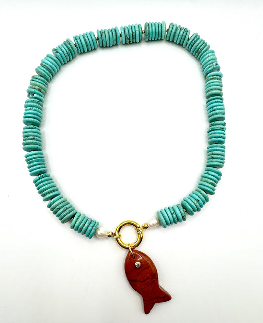 Turquoise + red jasper fish