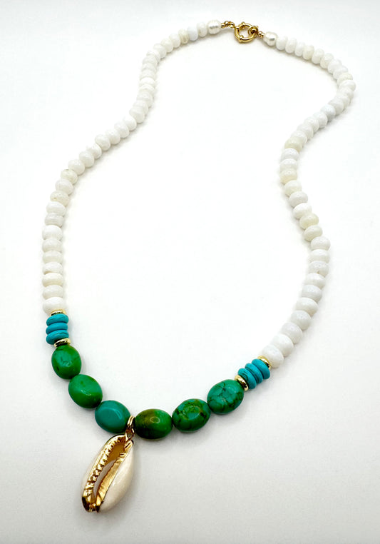 White Opal + Green and Blue Turquoise + Shell Pendant