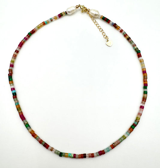 Cylinder Tiny Mixed Gemstone Necklace