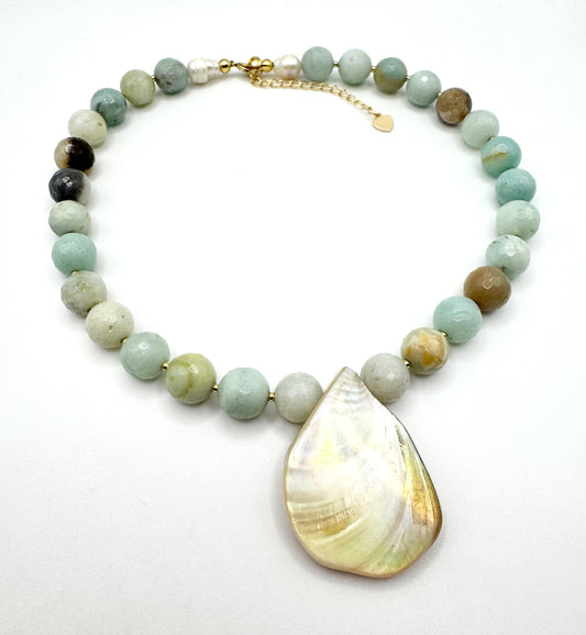 Amazonite Gemstone + Shell Pendant