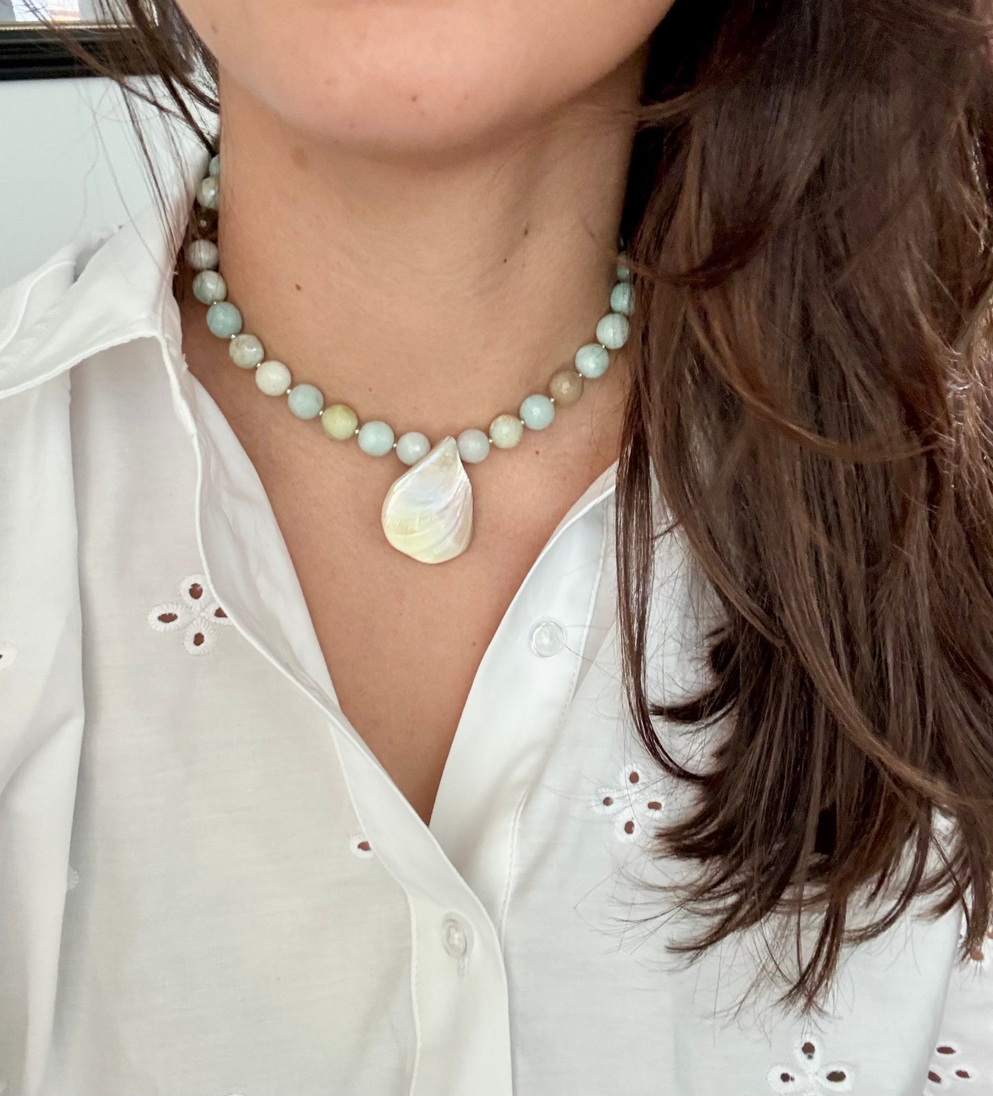 Amazonite Gemstone + Shell Pendant